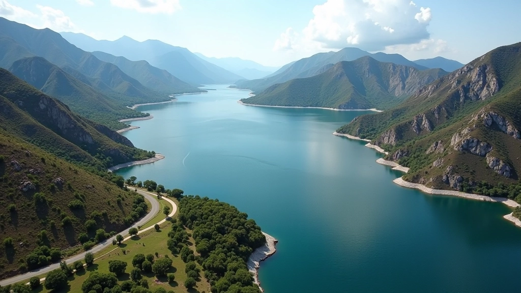 Vista aérea del Dique San Roque y los caminos de ciclismo en las sierras de Villa Carlos Paz