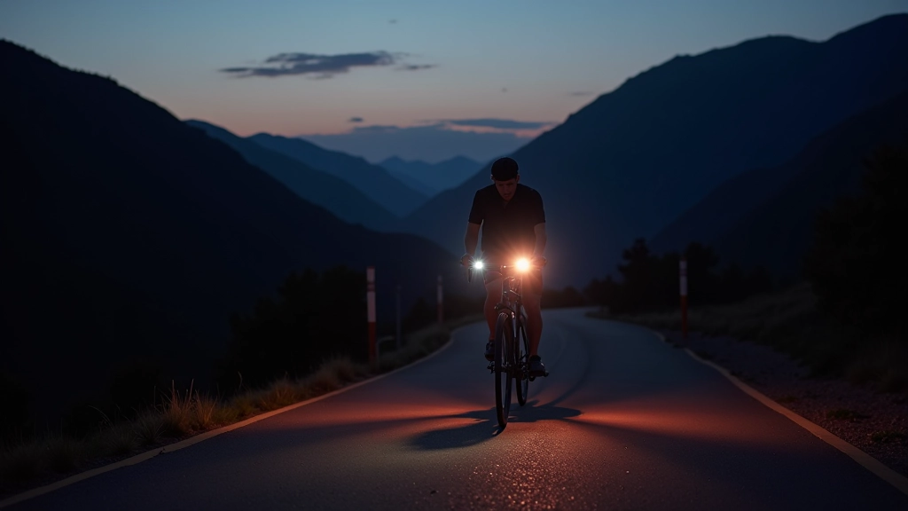 Bicicleta estacionada de noche con luces frontales y traseras encendidas, reflectores visibles en ruedas