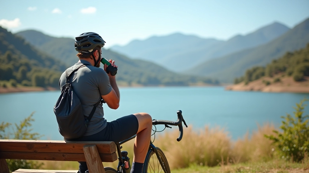 Ciclista descansando en una banca con vista al agua, tomando agua de una botella, día soleado