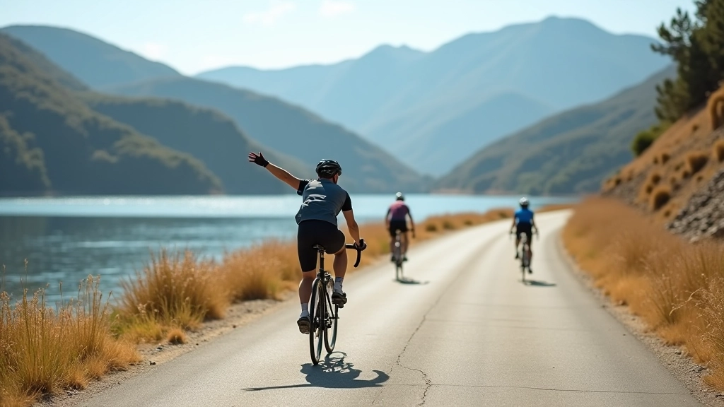 Ciclista señalizando un giro a la izquierda en una ruta junto al dique, grupo de ciclistas en la distancia