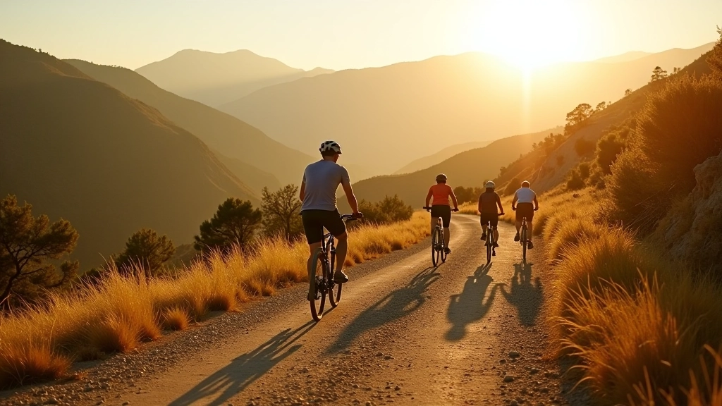 Grupo de ciclistas en el camino, paisaje de sierra al fondo, tarde con buena luz