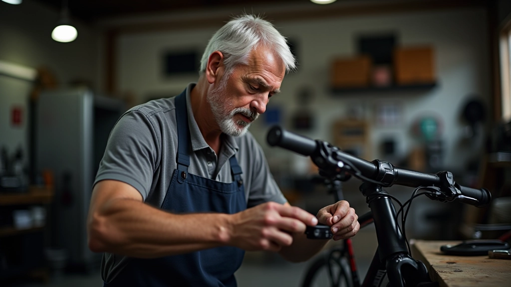 Mecánico revisando los componentes de una bicicleta con herramientas, verificando ruedas y frenos