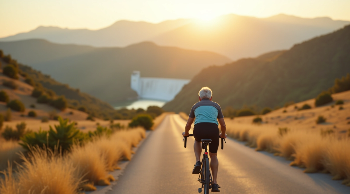 Ciclista mayor disfrutando de ruta panorámica junto al dique con montañas al fondo