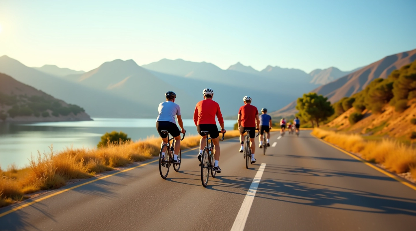 Ciclistas explorando la ruta del Dique San Roque con vistas al agua y las montañas de Villa Carlos Paz