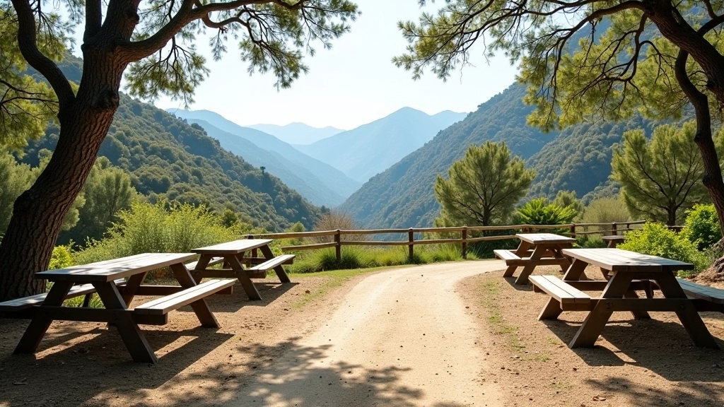 Área de descanso con bancos y mesas para ciclistas junto a paisaje de sierras