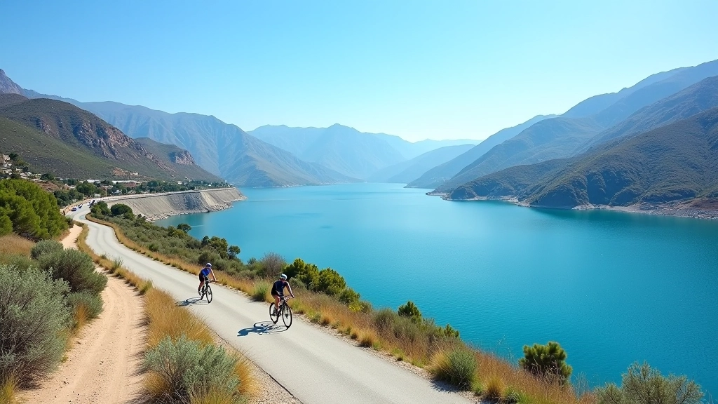 Vista panorámica del dique San Roque con agua azul, montañas al fondo y sendero de ciclismo bordeando el lago