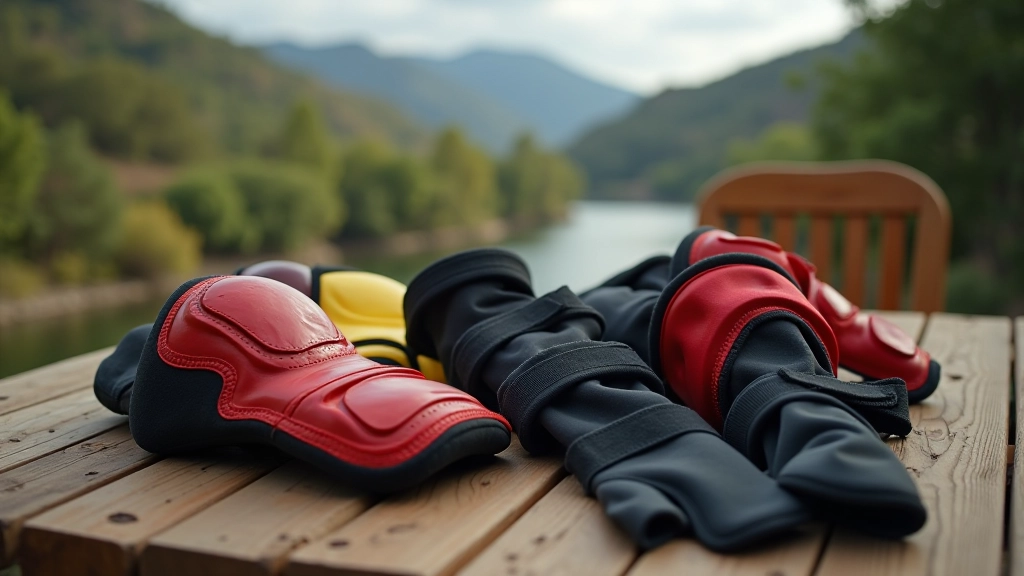 Coderas y rodilleras de protección deportiva en diferentes colores, sobre mesa de madera