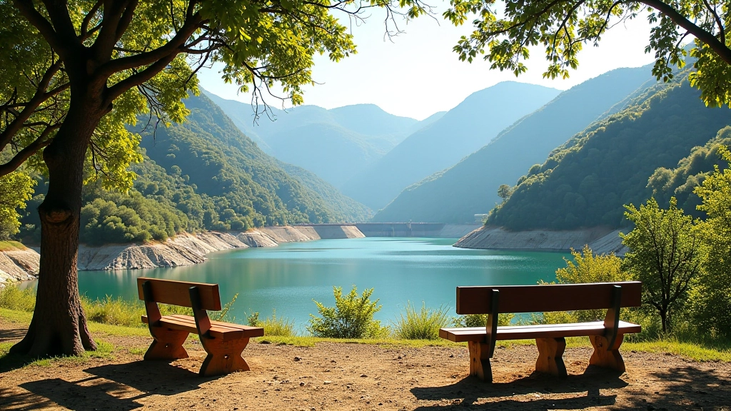 Zona de descanso con vista al dique y vegetación circundante