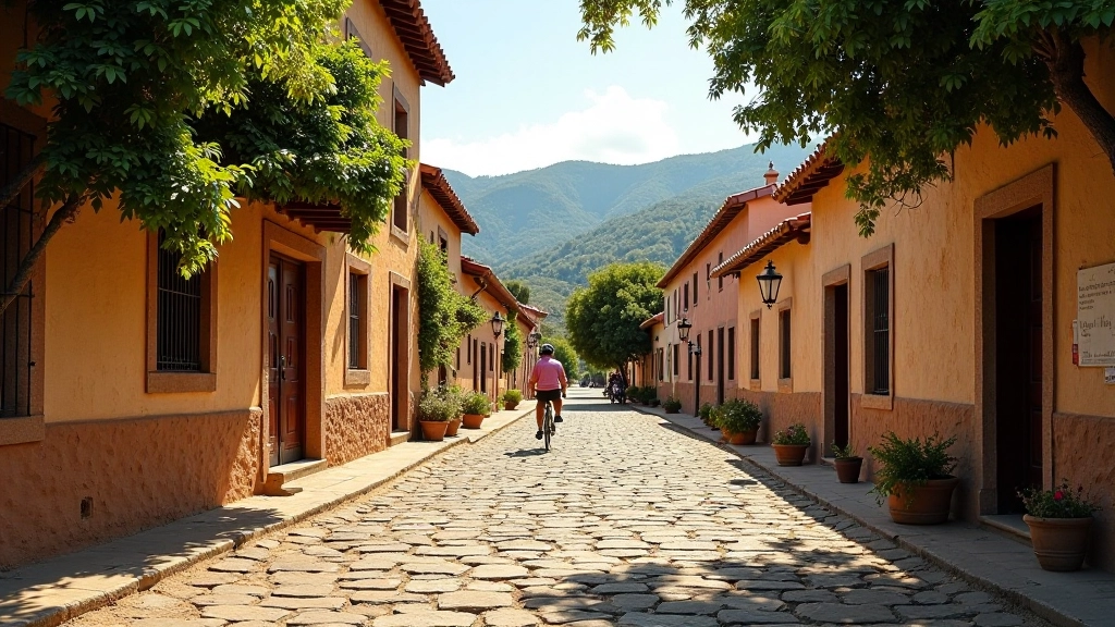 Callejón de pueblo serrano colonial con casas antiguas de adobe y calle de piedra, luz natural matutina