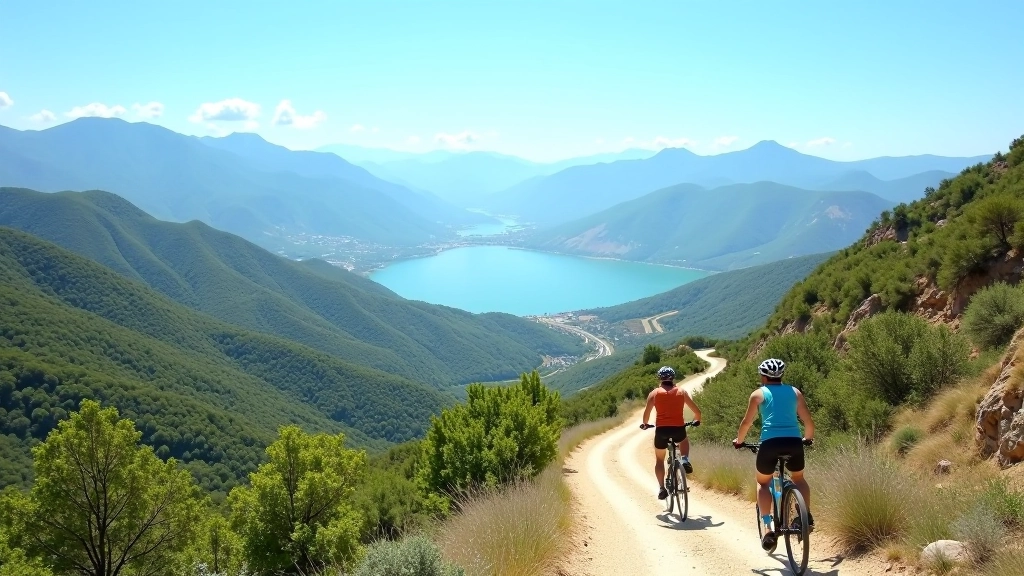 Paisaje de montaña con sendero de bicicleta serpentando entre sierras verdes de Villa Carlos Paz