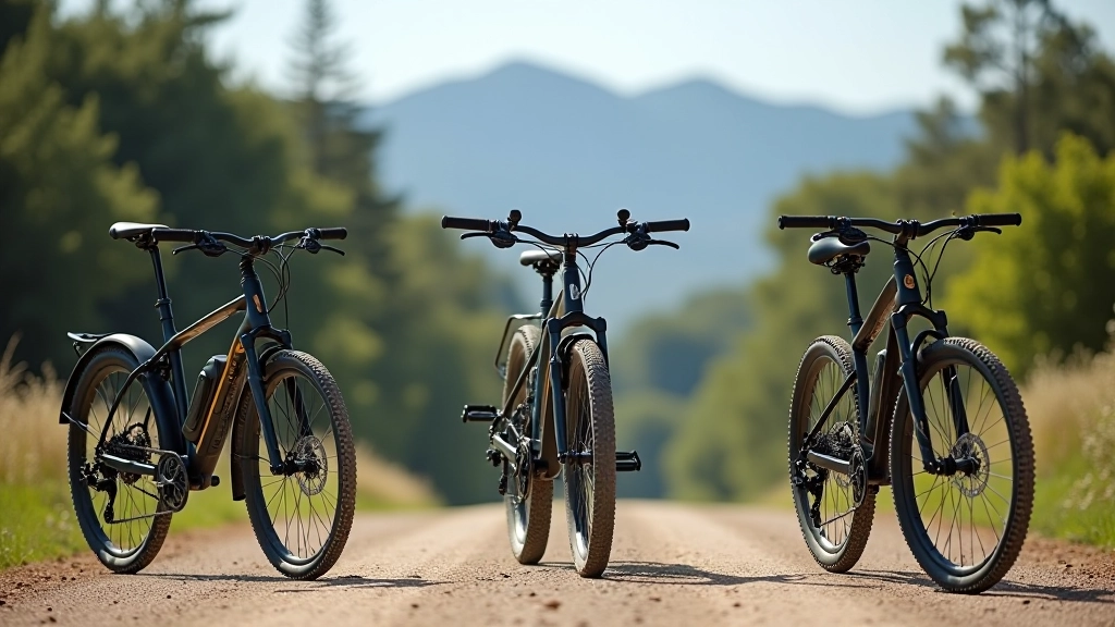 Tres tipos de bicicletas diferentes: urbana, híbrida y de montaña, alineadas en una fila