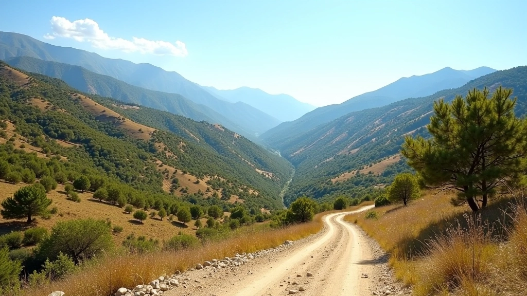 Panorama amplio de valle montañoso con sendero de tierra serpentante, árboles dispersos y cielo azul claro
